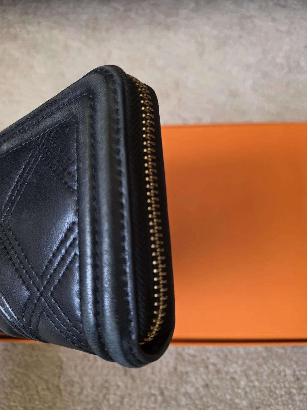 Tory Burch Black Quilted Leather Zip Wallet with Gold Logo Pull
